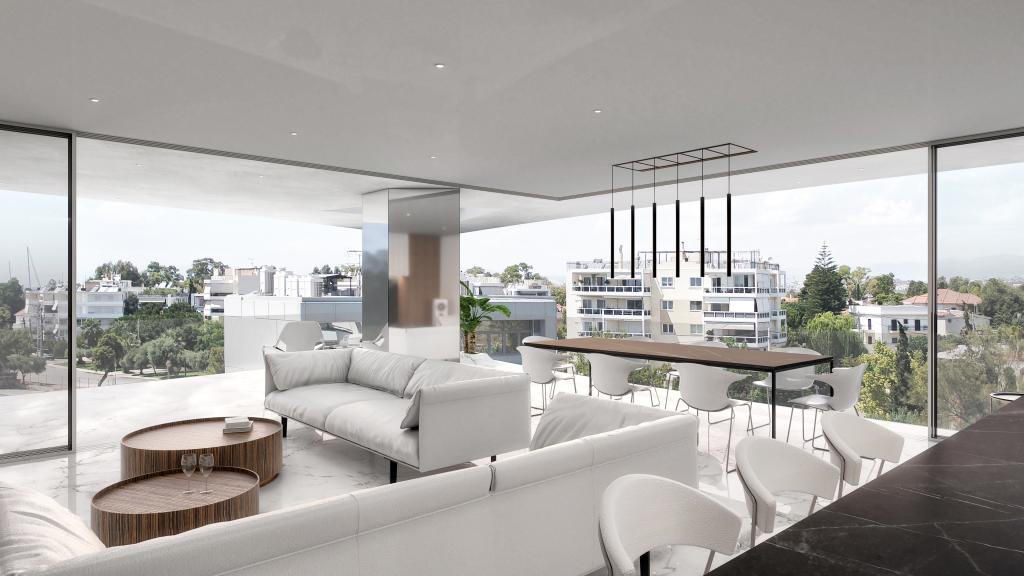 elegant apartment greek housing living room with minimal furniture white marble floor white leather sofas and city view