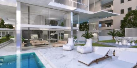 modern apartment with interior and exterior view and swimming pool with garden sunbeds white marble floor and glass surfaces for housing