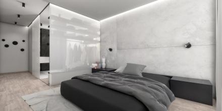 master bedroom of luxury property for purchase with bed wooden floor and grey color on walls