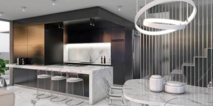 luxury dining room of property to purchase with kitchen white marble floor 