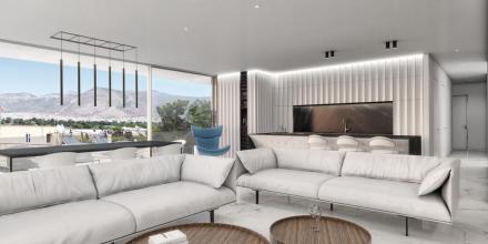 elegant apartment living room with white leather sofas and balcony view