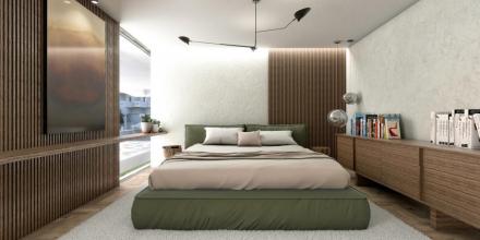 bedroom for property investment wit bed furniture and wooden surfaces